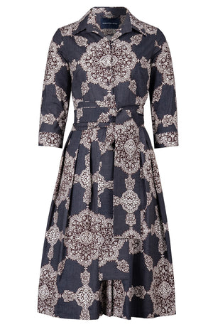 Audrey Dress #1 Shirt Collar 3/4 Sleeve Long Length Cotton Stretch (Medallion Paisley Dark)