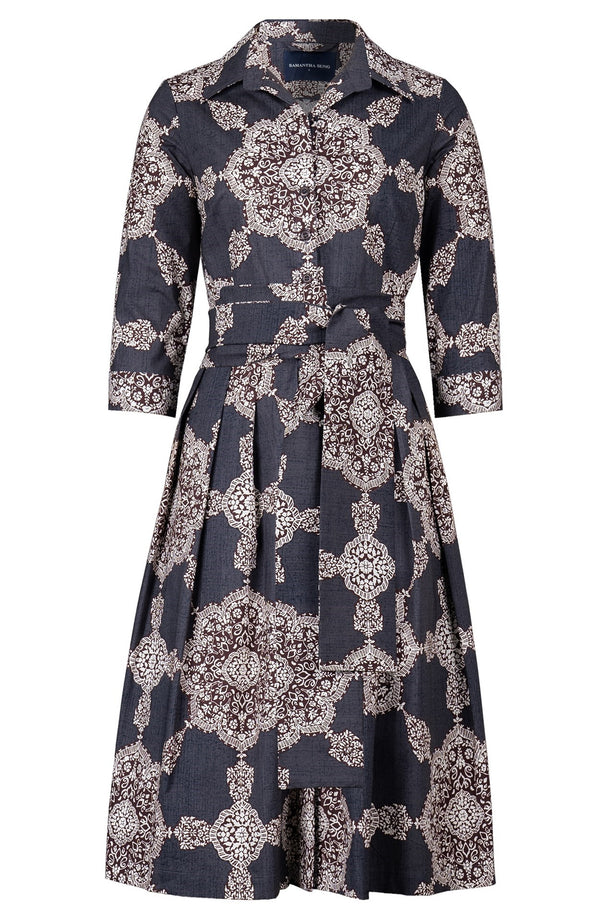 Audrey Dress #1 Shirt Collar 3/4 Sleeve Long Length Cotton Stretch (Medallion Paisley Dark)
