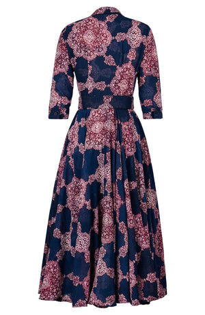 Aster Dress Shirt Collar 3/4 Sleeve Midi Plus Length Wool (Medallion Paisley Dark) - Indigo