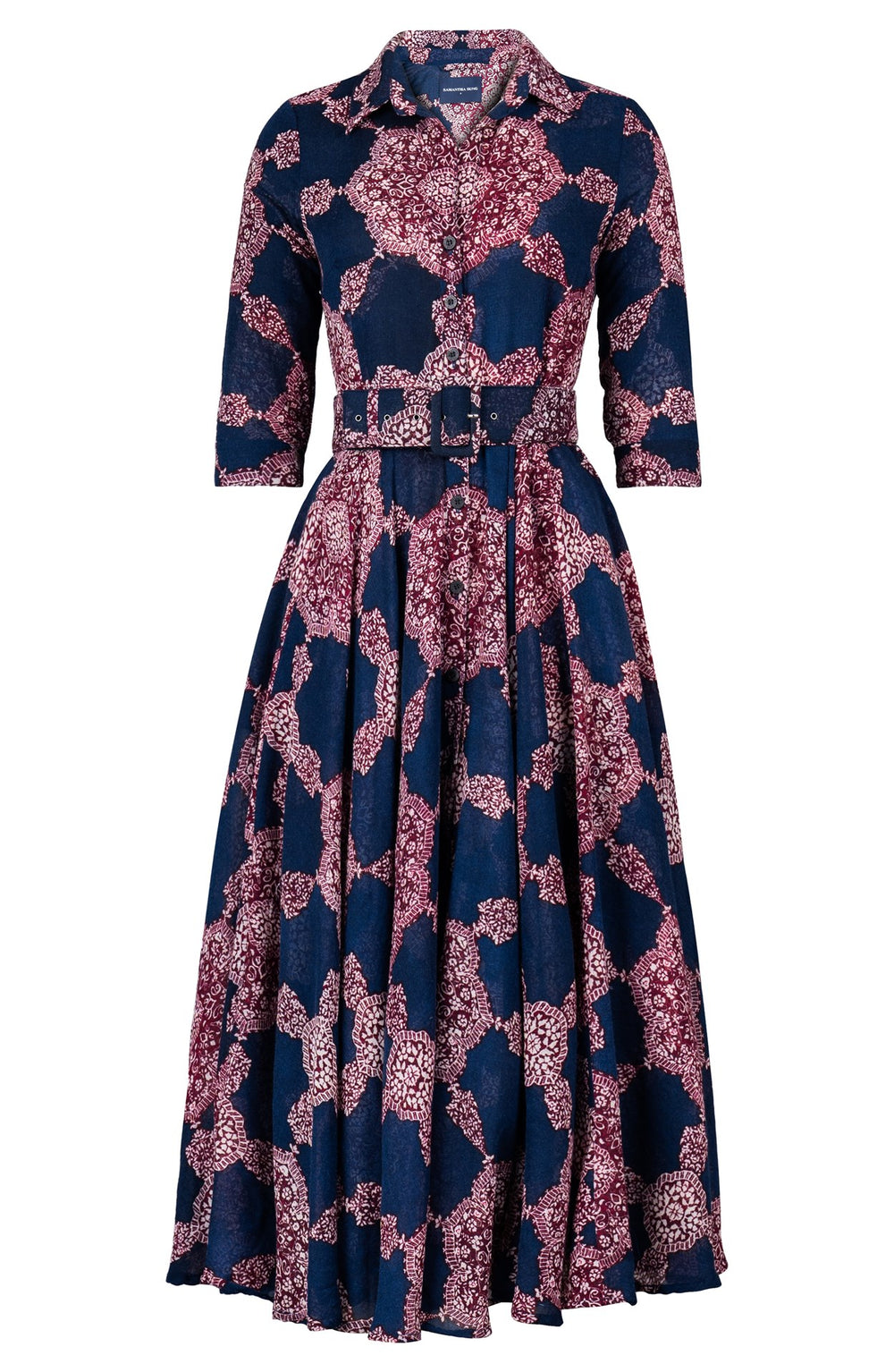 Aster Dress Shirt Collar 3/4 Sleeve Midi Plus Length Wool (Medallion Paisley Dark) - Indigo