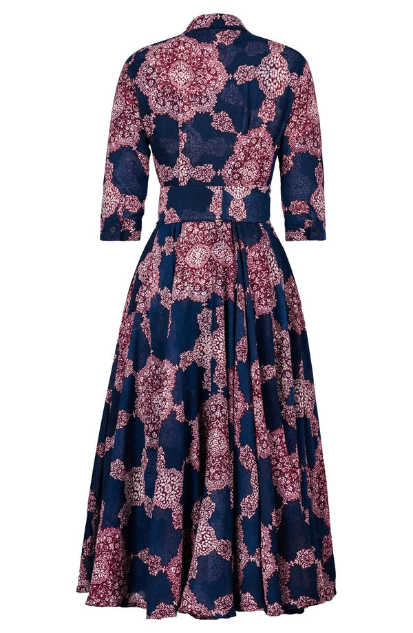 Aster Dress Shirt Collar 3/4 Sleeve Midi Plus Length Wool (Medallion Paisley Dark) - Indigo