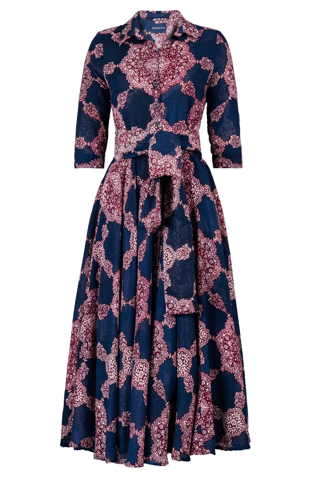 Aster Dress Shirt Collar 3/4 Sleeve Midi Plus Length Wool (Medallion Paisley Dark) - Indigo