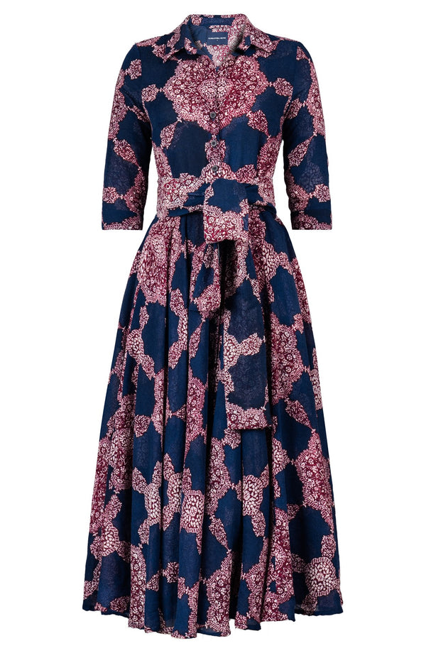 Aster Dress Shirt Collar 3/4 Sleeve Midi Plus Length Wool (Medallion Paisley Dark) - Indigo
