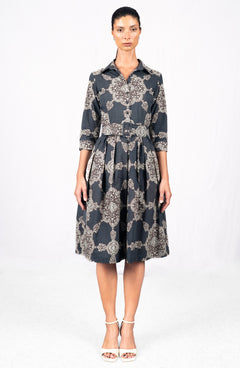 Audrey Dress #1 Shirt Collar 3/4 Sleeve Long Length Cotton Stretch (Medallion Paisley Dark)
