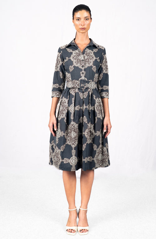 Audrey Dress #1 Shirt Collar 3/4 Sleeve Long Length Cotton Stretch (Medallion Paisley Dark)