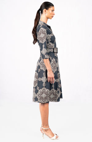 Audrey Dress #1 Shirt Collar 3/4 Sleeve Long Length Cotton Stretch (Medallion Paisley Dark)