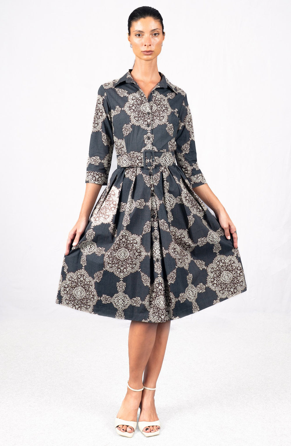 Audrey Dress #1 Shirt Collar 3/4 Sleeve Long Length Cotton Stretch (Medallion Paisley Dark)