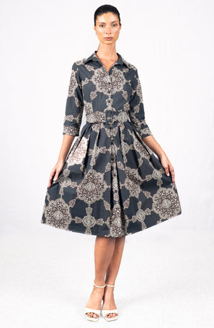 Audrey Dress #1 Shirt Collar 3/4 Sleeve Long Length Cotton Stretch (Medallion Paisley Dark)