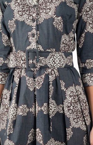 Audrey Dress #1 Shirt Collar 3/4 Sleeve Long Length Cotton Stretch (Medallion Paisley Dark)