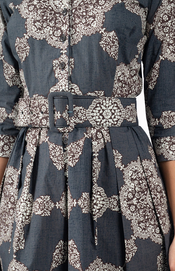 Audrey Dress #1 Shirt Collar 3/4 Sleeve Long Length Cotton Stretch (Medallion Paisley Dark)