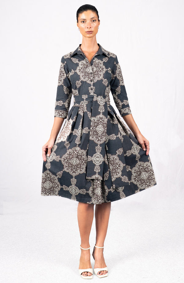 Audrey Dress #1 Shirt Collar 3/4 Sleeve Long Length Cotton Stretch (Medallion Paisley Dark)