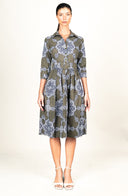 Audrey Dress #1 Shirt Collar 3/4 Sleeve Long Length Cotton Stretch (Medallion Paisley Dark)