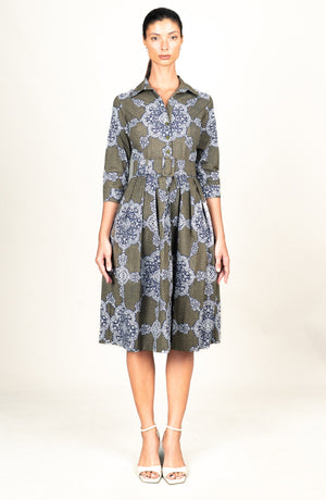Audrey Dress #1 Shirt Collar 3/4 Sleeve Long Length Cotton Stretch (Medallion Paisley Dark)