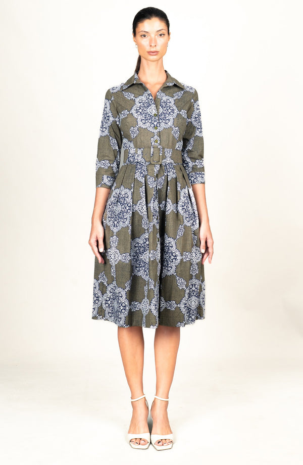 Audrey Dress #1 Shirt Collar 3/4 Sleeve Long Length Cotton Stretch (Medallion Paisley Dark)