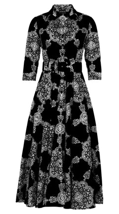 Aster Dress Shirt Collar 3/4 Sleeve Midi Plus Length Poliamide Taffta (Medallion Paisley Dark)