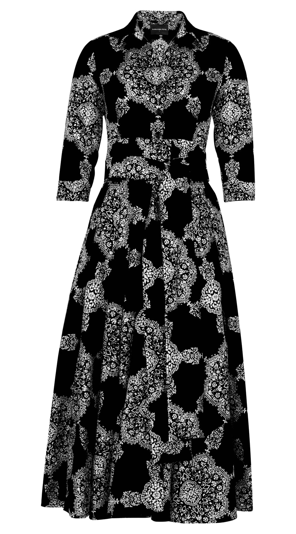 Aster Dress Shirt Collar 3/4 Sleeve Midi Plus Length Nylon (Medallion Paisley Dark)