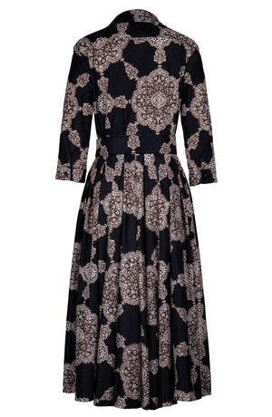 Laurent Dress Shirt Collar 3/4 Sleeve Midi Length Poliamide Taffta (Medallion Paisley Dark)