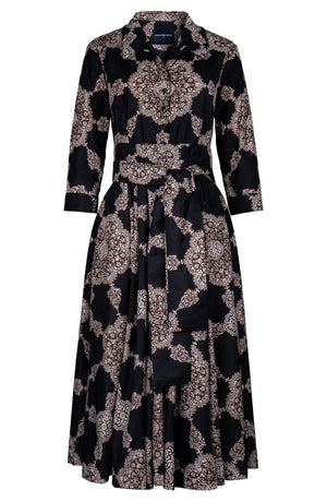 Laurent Dress Shirt Collar 3/4 Sleeve Midi Length Poliamide Taffta (Medallion Paisley Dark)