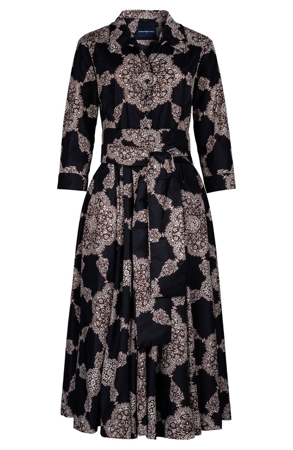 Laurent Dress Shirt Collar 3/4 Sleeve Midi Length Poliamide Taffta (Medallion Paisley Dark)