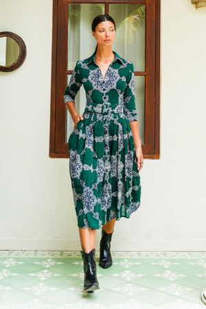 Audrey Dress #4 Shirt Collar 3/4 Sleeve Midi Length Wool (Medallion Paisley Dark) - Ivy Green