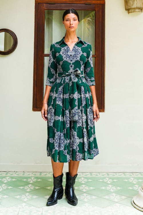 Audrey Dress #4 Shirt Collar 3/4 Sleeve Midi Length Wool (Medallion Paisley Dark) - Ivy Green