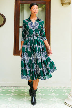 Audrey Dress #4 Shirt Collar 3/4 Sleeve Midi Length Wool (Medallion Paisley Dark) - Ivy Green