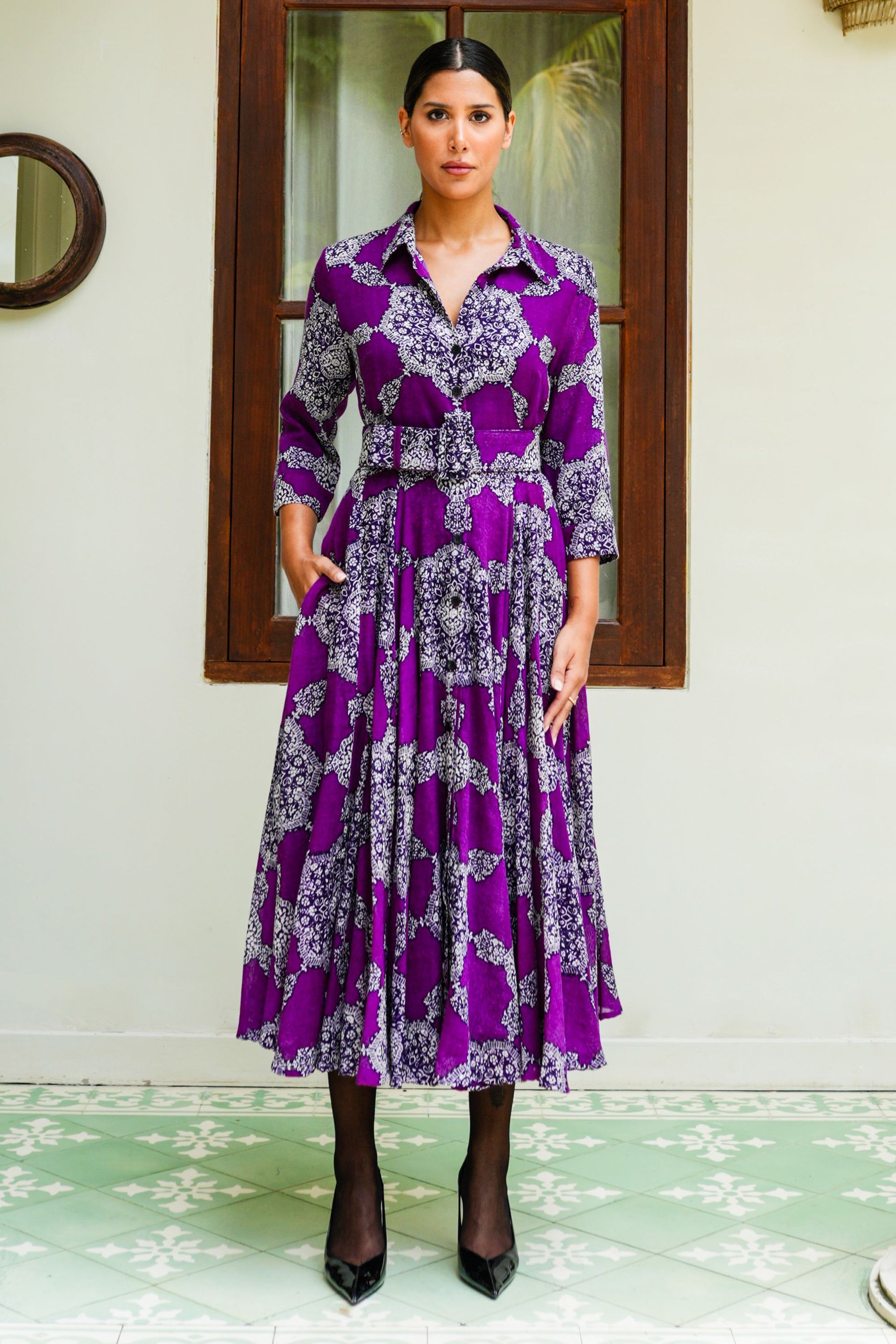 Audrey Dress #4 Shirt Collar 3/4 Sleeve Midi Length Wool (Medallion Pa