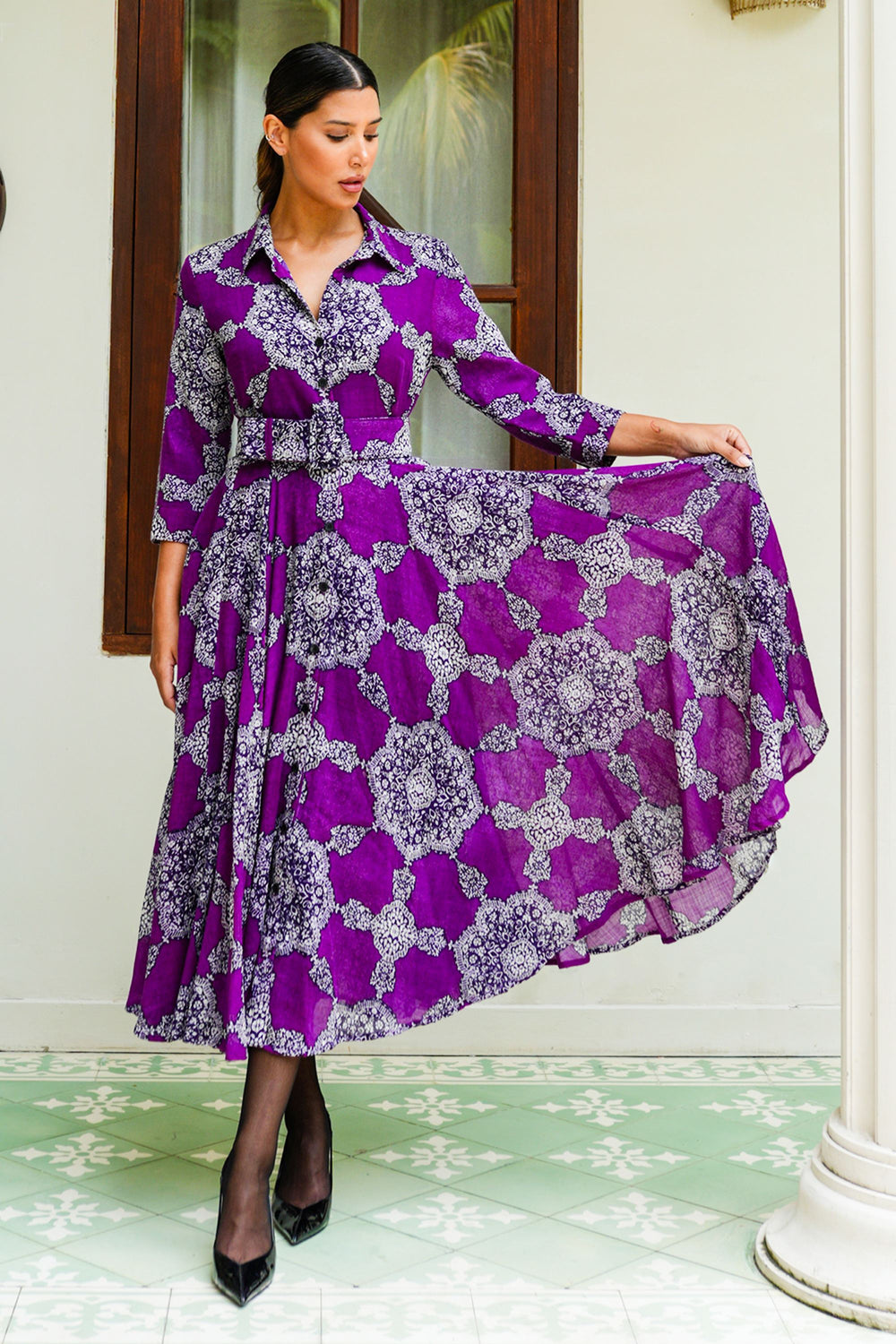 Audrey Dress #4 Shirt Collar 3/4 Sleeve Midi Length Wool (Medallion Paisley Bright) - Lilac