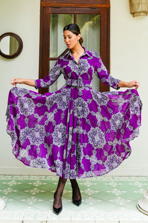 Audrey Dress #4 Shirt Collar 3/4 Sleeve Midi Length Wool (Medallion Paisley Bright) - Lilac