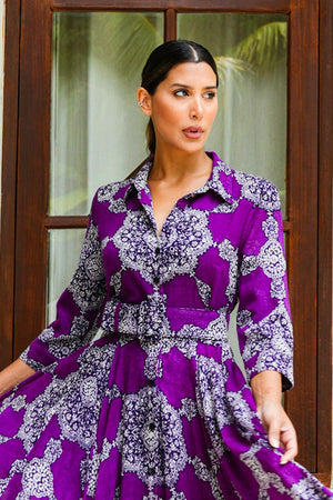 Audrey Dress #4 Shirt Collar 3/4 Sleeve Midi Length Wool (Medallion Paisley Bright) - Lilac