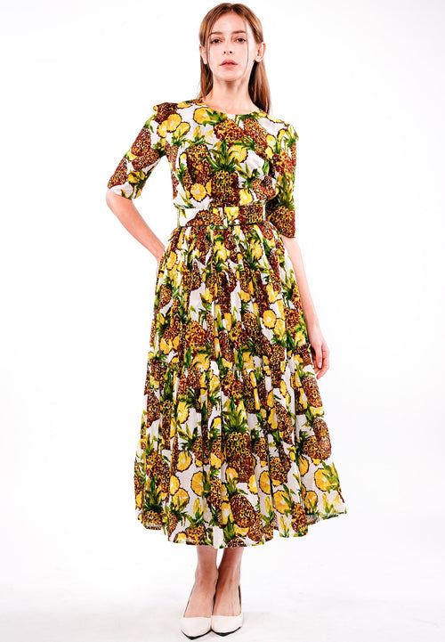 Melanie Dress #1 Crew Neck 1/2 Sleeve Midi Plus Length Cotton Musola (Pineapple Tree Small)