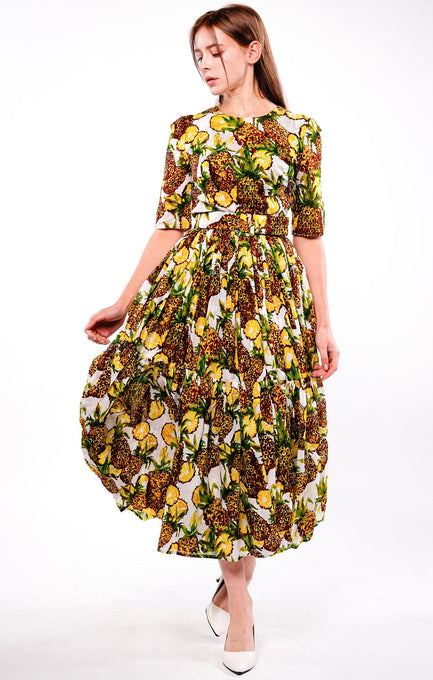 Melanie Dress #1 Crew Neck 1/2 Sleeve Midi Plus Length Cotton Musola (Pineapple Tree Small)