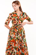 Melanie Dress #1 Shirt Collar 3/4 Sleeve Midi Plus Length Cotton Musola (Barbados Flower Ground)