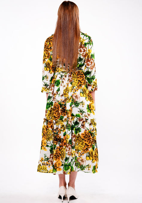 Melanie Dress #1 Shirt Collar 3/4 Sleeve Midi Plus Length Cotton Musola (Bougainvillea Blossom Small)
