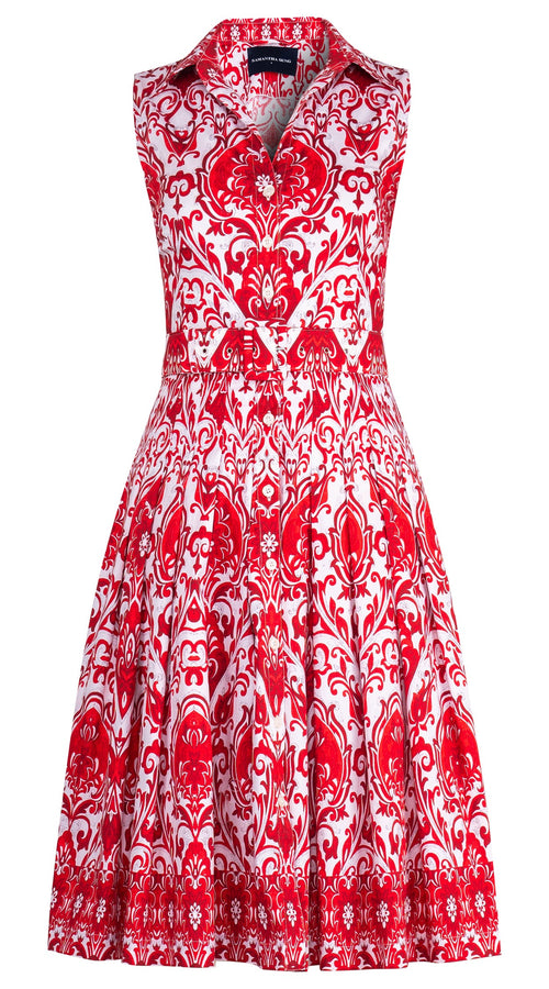 Audrey Dress #2 Shirt Collar Sleeveless Long Length Cotton Stretch (Mill Creek Paisley White Bright)