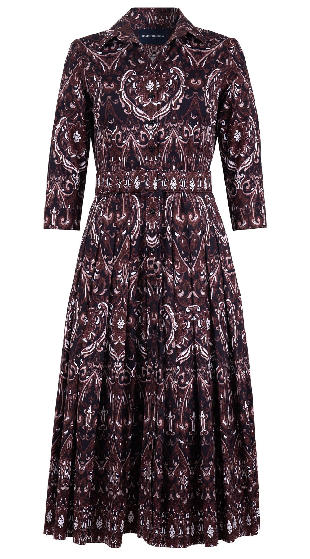 Audrey Dress #4 Shirt Collar 3/4 Sleeve Midi Length Cotton Stretch (Mill Creek Paisley Dark)