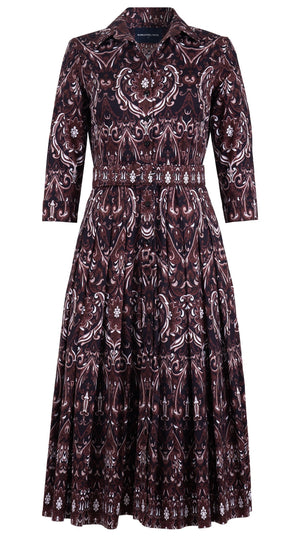 Audrey Dress #4 Shirt Collar 3/4 Sleeve Midi Length Cotton Stretch (Mill Creek Paisley Dark)