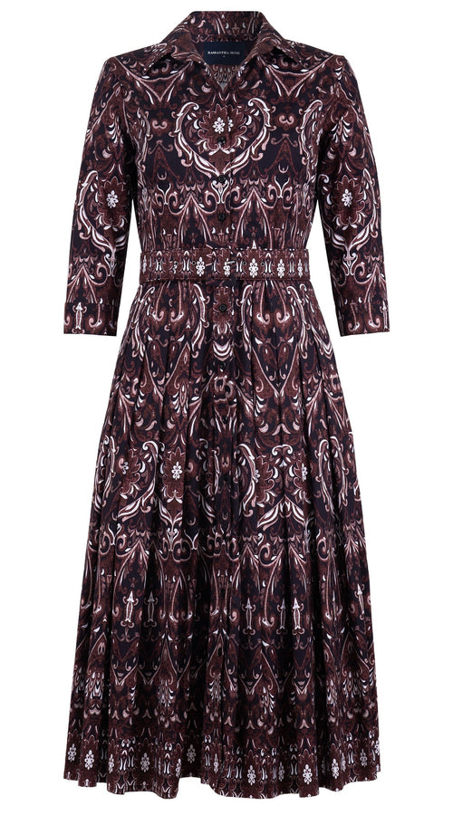 Audrey Dress #4 Shirt Collar 3/4 Sleeve Midi Length Cotton Stretch (Mill Creek Paisley Dark)