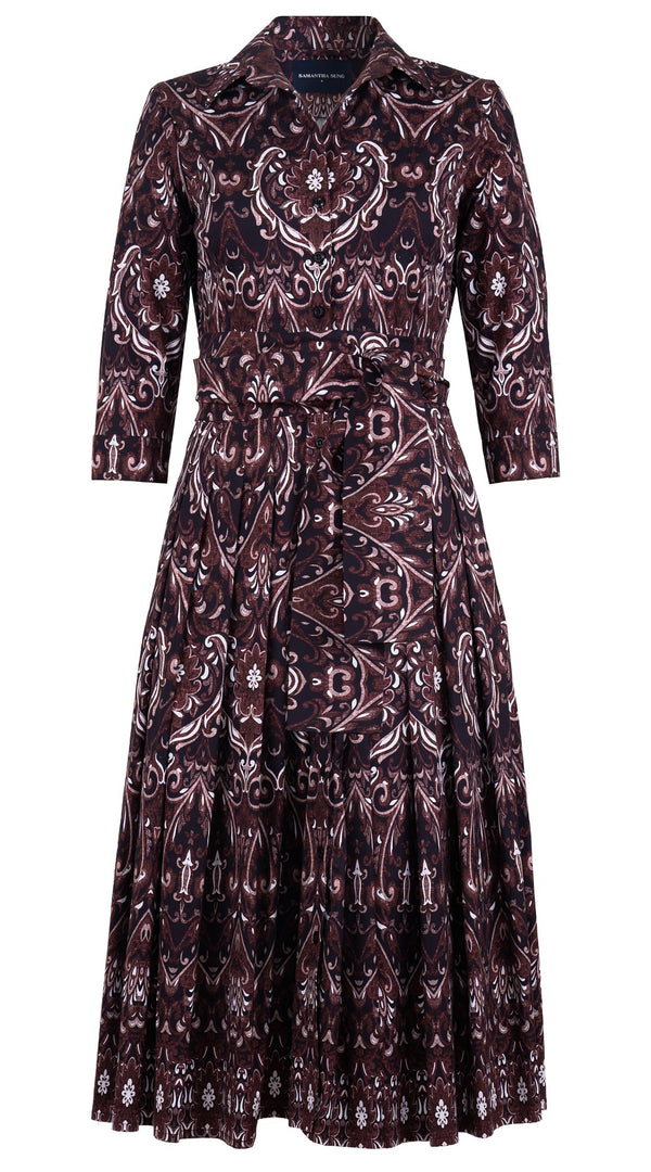 Audrey Dress #4 Shirt Collar 3/4 Sleeve Midi Length Cotton Stretch (Mill Creek Paisley Dark)