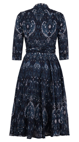 Olivia Dress Shirt Collar 3/4 Sleeve Midi Length Wool Musola (Mill Creek Paisley Dark) - Black