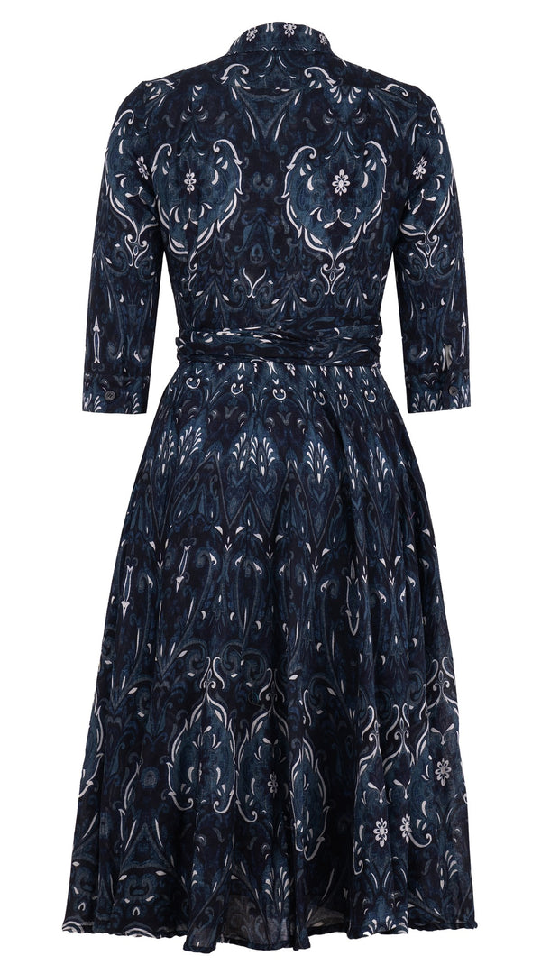 Olivia Dress Shirt Collar 3/4 Sleeve Midi Length Wool Musola (Mill Creek Paisley Dark) - Black