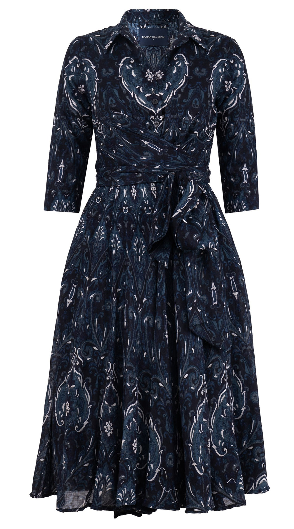 Olivia Dress Shirt Collar 3/4 Sleeve Midi Length Wool Musola (Mill Creek Paisley Dark) - Black