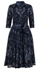 Olivia Dress Shirt Collar 3/4 Sleeve Midi Length Wool Musola (Mill Creek Paisley Dark) - Black