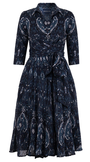 Olivia Dress Shirt Collar 3/4 Sleeve Midi Length Wool Musola (Mill Creek Paisley Dark) - Black
