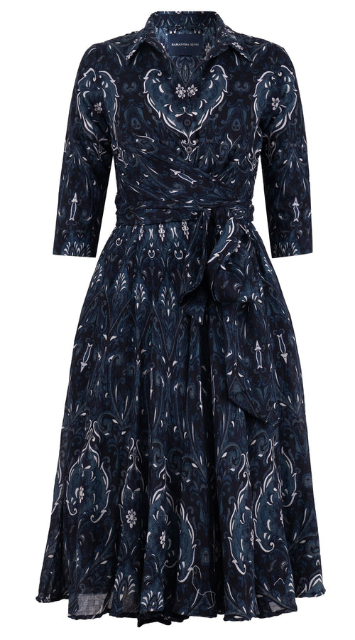 Olivia Dress Shirt Collar 3/4 Sleeve Midi Length Wool Musola (Mill Creek Paisley Dark) - Black
