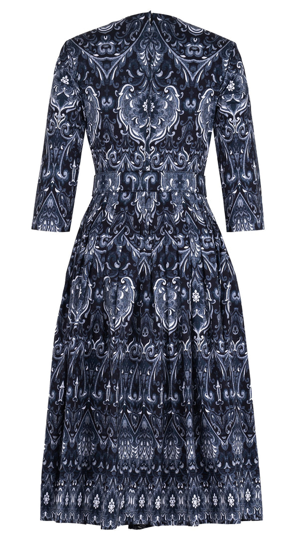 Florance Dress #2 Crew Neck 3/4 Midi Length Cotton Stretch (Mill Creek Paisley Dark)