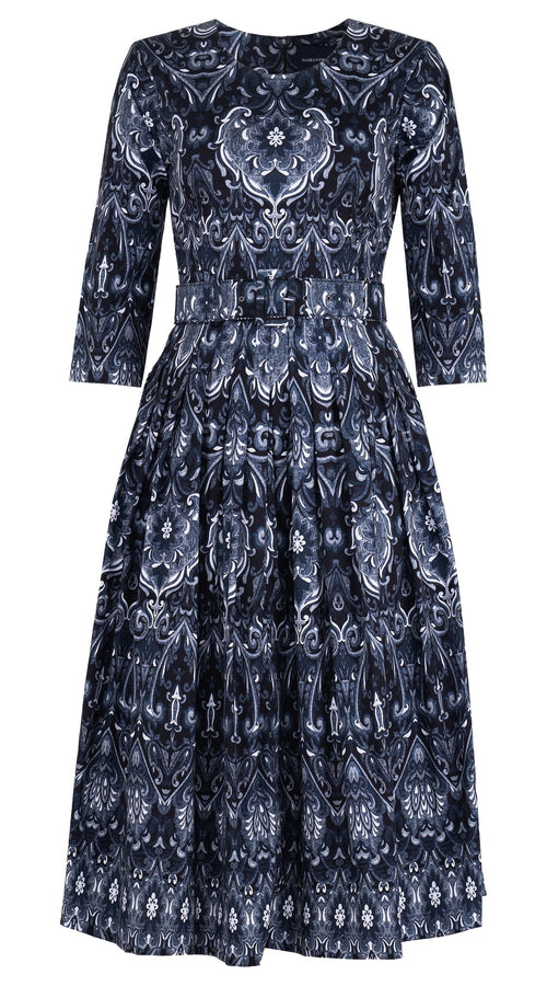 Florance Dress #2 Crew Neck 3/4 Midi Length Cotton Stretch (Mill Creek Paisley Dark)