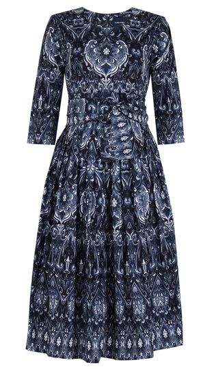 Florance Dress #2 Crew Neck 3/4 Midi Length Cotton Stretch (Mill Creek Paisley Dark)