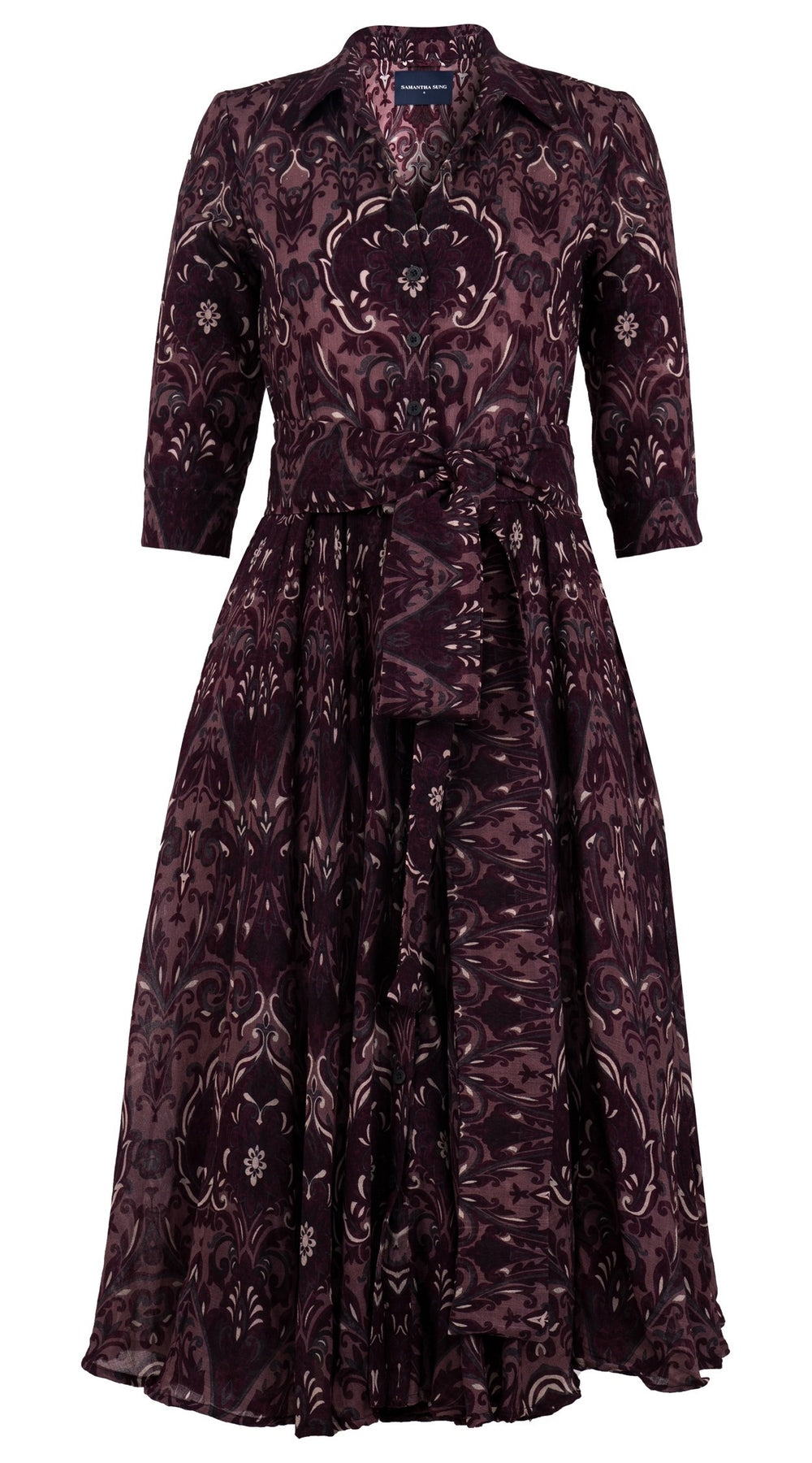 Aster Dress Shirt Collar 3/4 Sleeve Midi Length Wool (Mill Creek Paisley Dark) - Dusty Pink