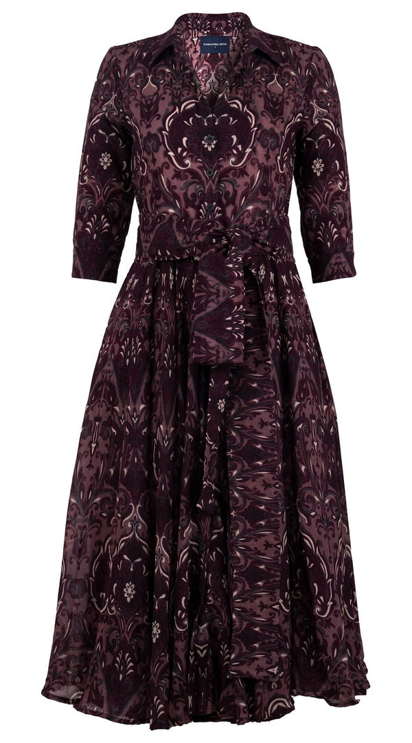 Aster Dress Shirt Collar 3/4 Sleeve Midi Length Wool Musola (Mill Creek Paisley Dark) - Dusty Pink